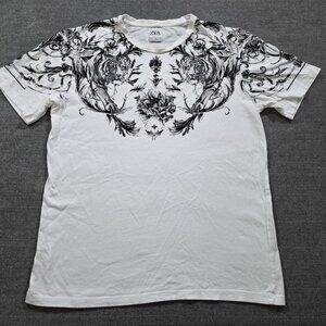 Zara T Shirt Mens M White Tiger Floral SS Velvet Applique Boho Preppy Y2K Grunge